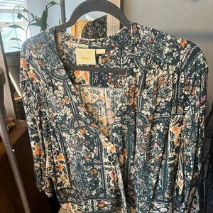 Maeve Green Floral Print Top with Orange and Cream Accents